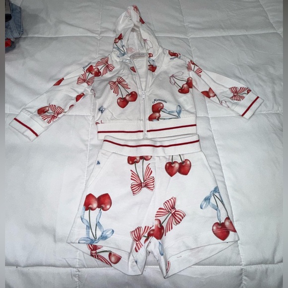 MonnaLisa Other - MonnaLisa White Cherry & Bow Hooded Zip Pajama Set